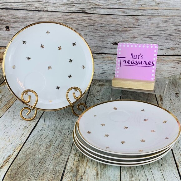 MCM Lefton FLEUR DE LIS 3512 Gold Trim Cup Placement 8. 25" Snack Plates Set  5 - Picture 1 of 9